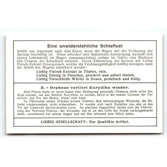 Victorian Liebig Trade Card Orpheus Myth 5 Color Lithograph German - Picture 2 of 2